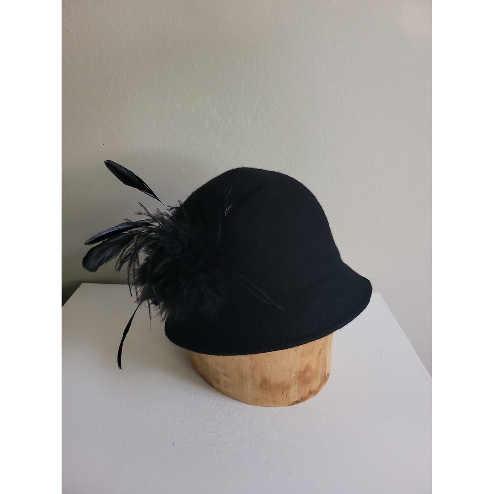 Feather Embellished Black Wool Cloche Hat